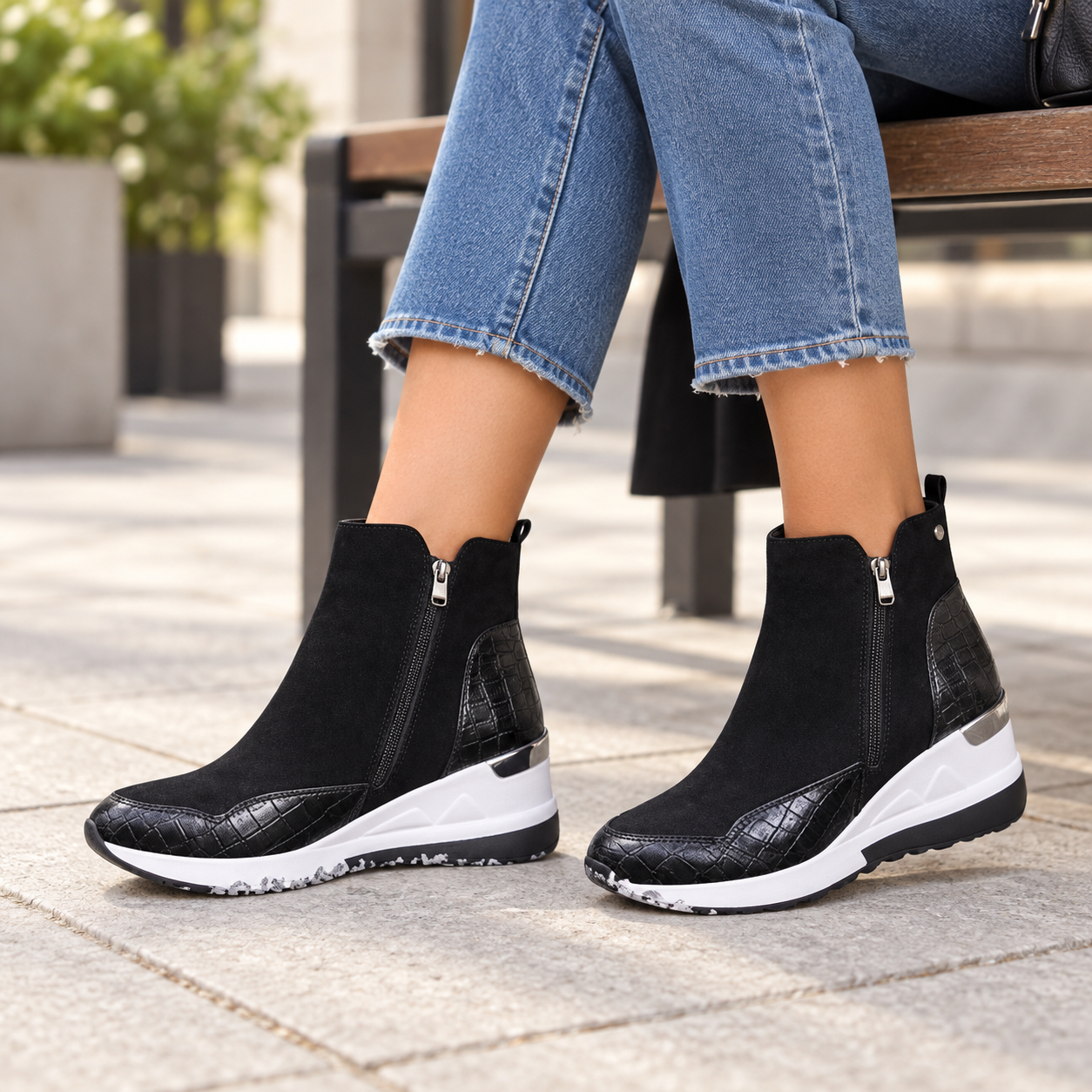 Keep it casual with cropped denim. On-foot product styling.