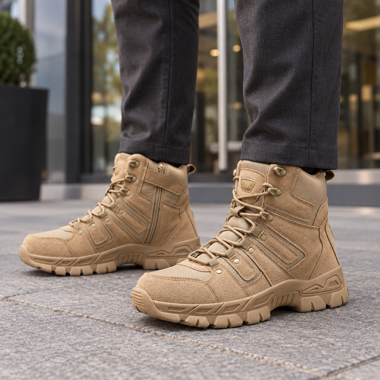Khaki high-top boots with charcoal trousers outside an office entrance
