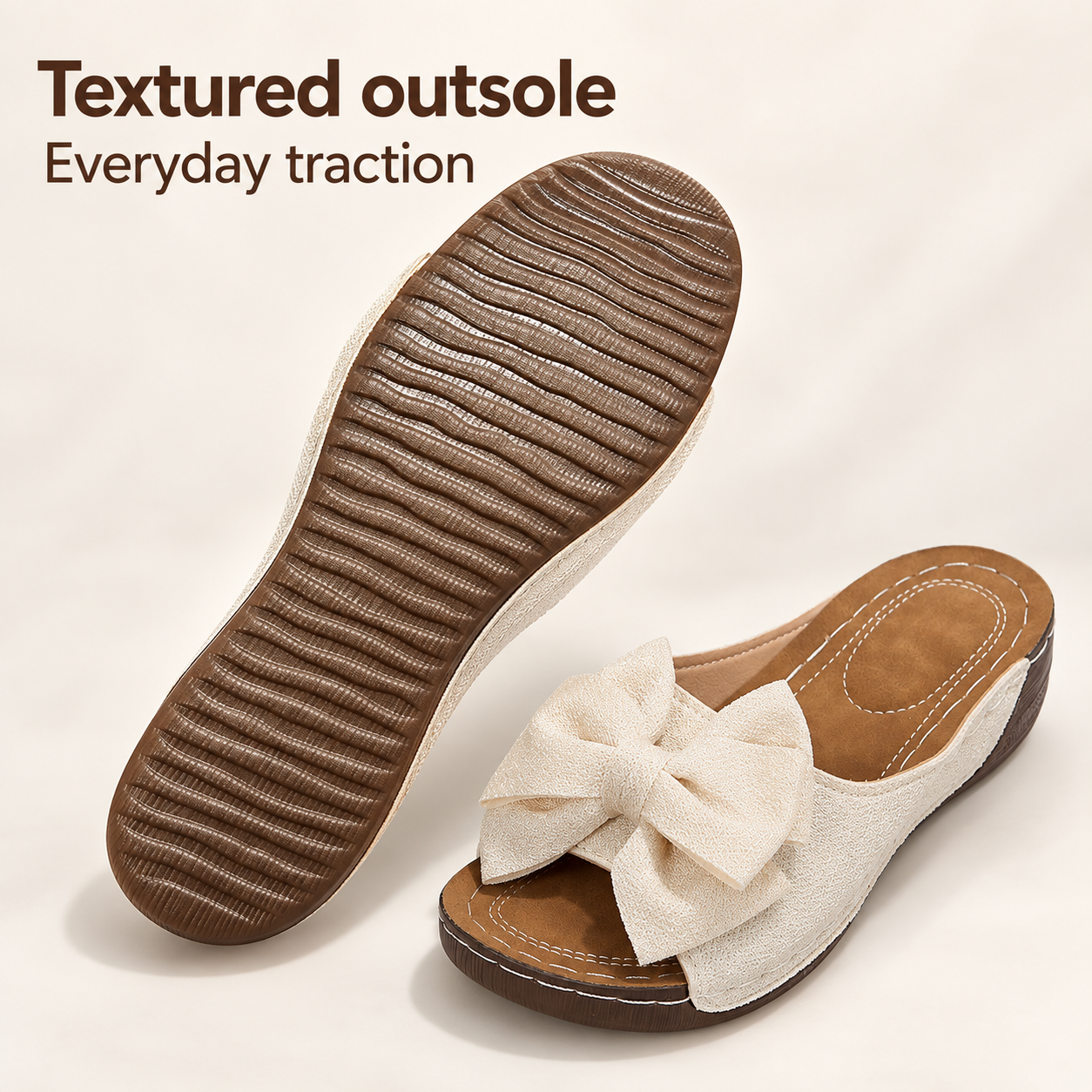 Brown textured outsole with fine wavy horizontal tread beside an off-white bow slide sandal