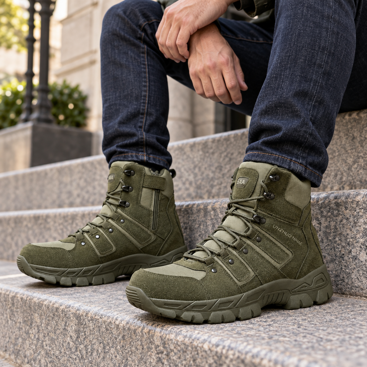 Green tactical-style boots with dark indigo jeans on city steps.