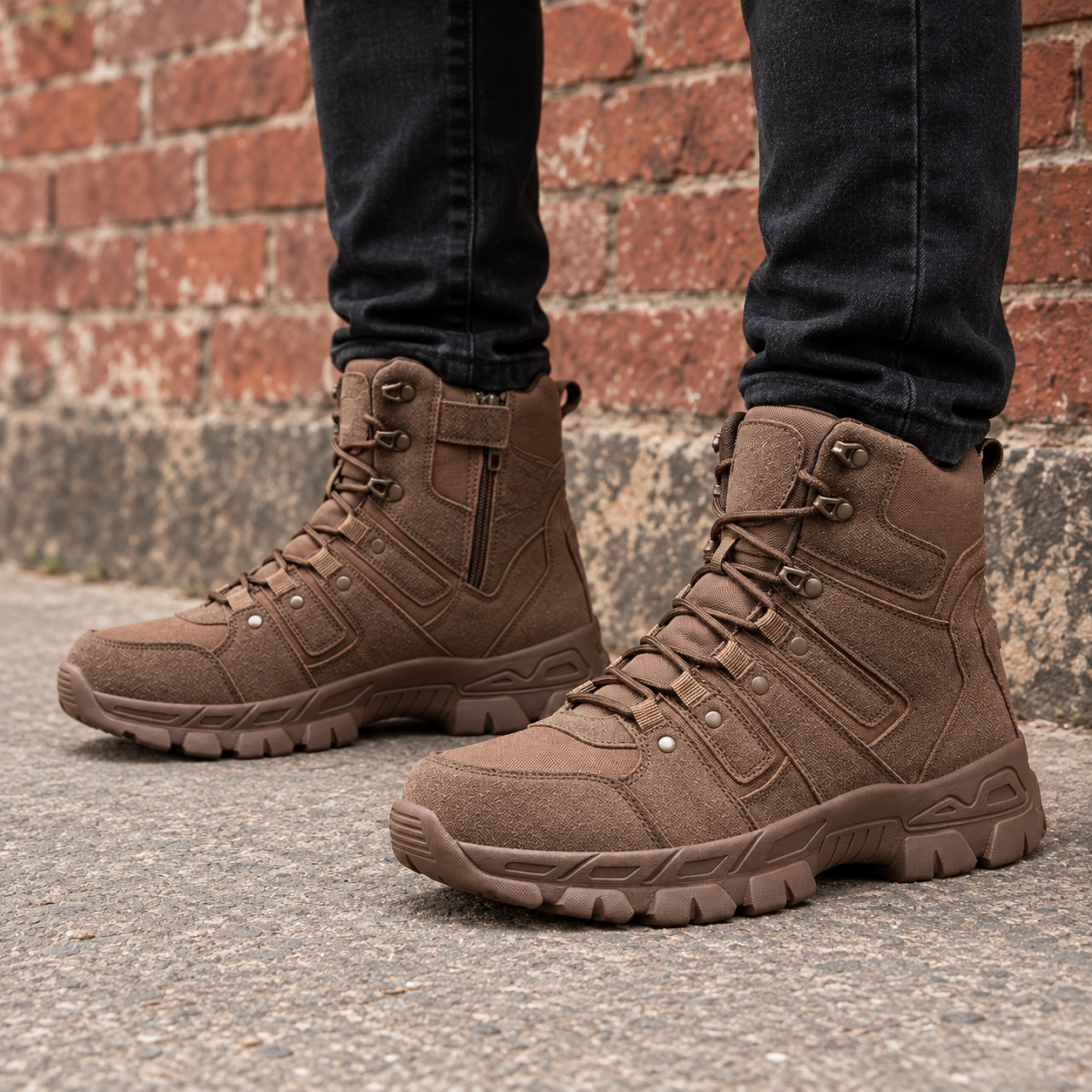 Man in black jeans wearing brown tactical-style boots beside a brick wall