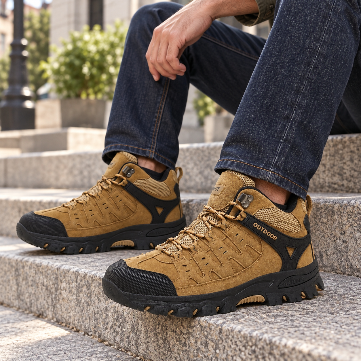 Brown lace-up outdoor shoes with dark indigo jeans on city steps.