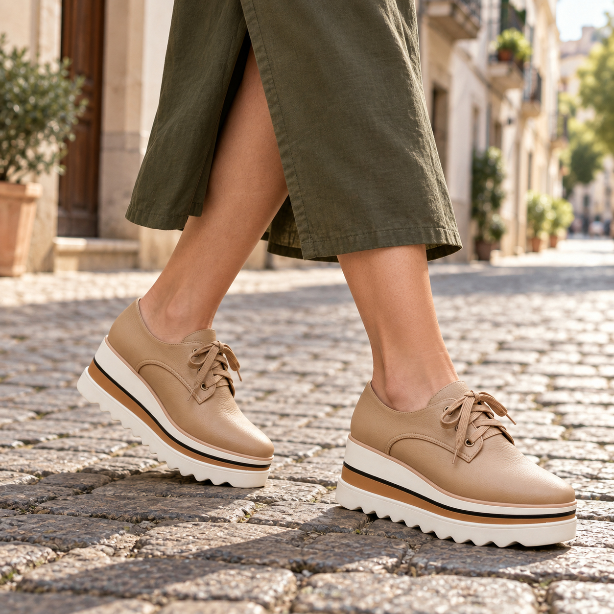 Model wearing Mia low-cut platform lace-up shoes