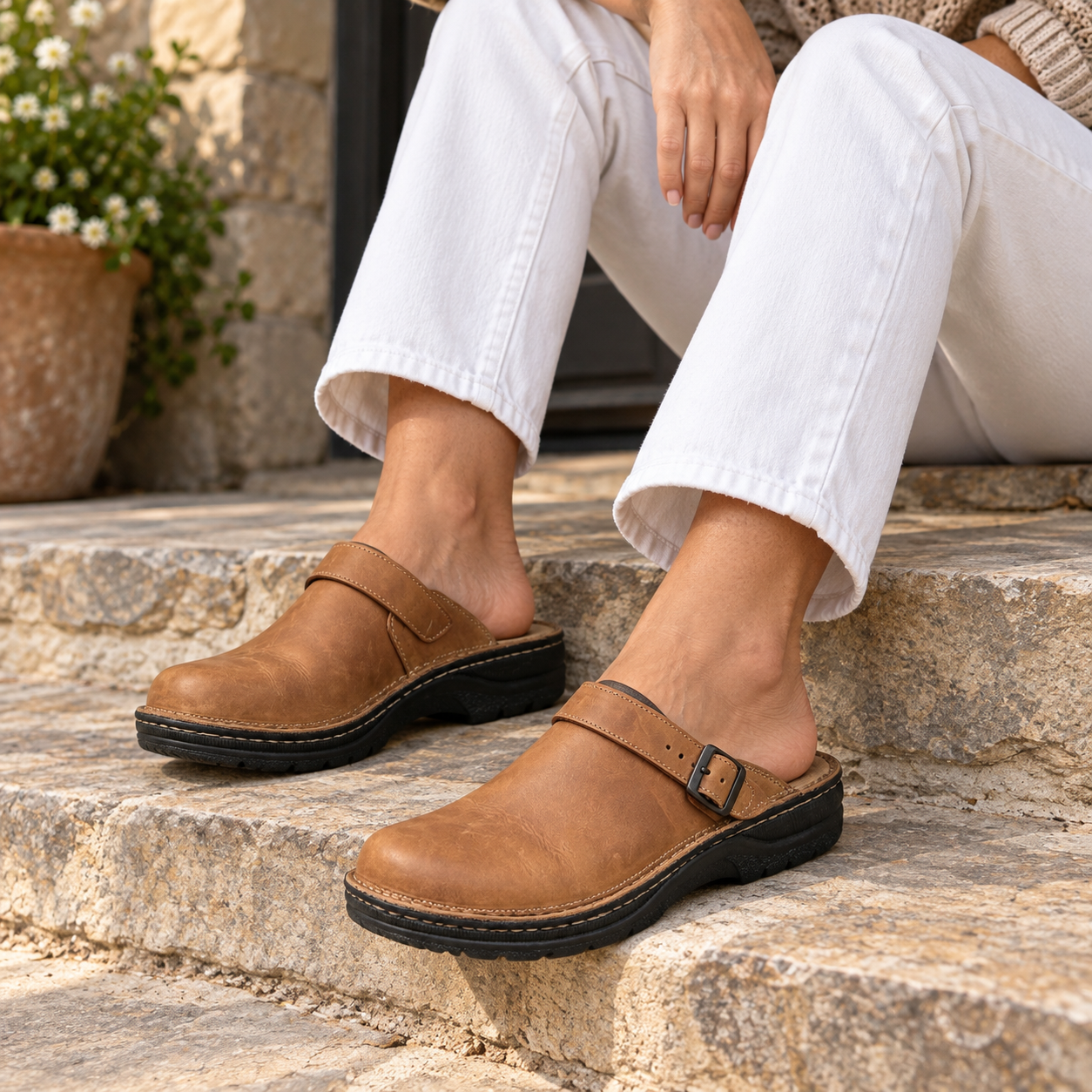 Adult model wearing Olivia brown open-back buckle clogs