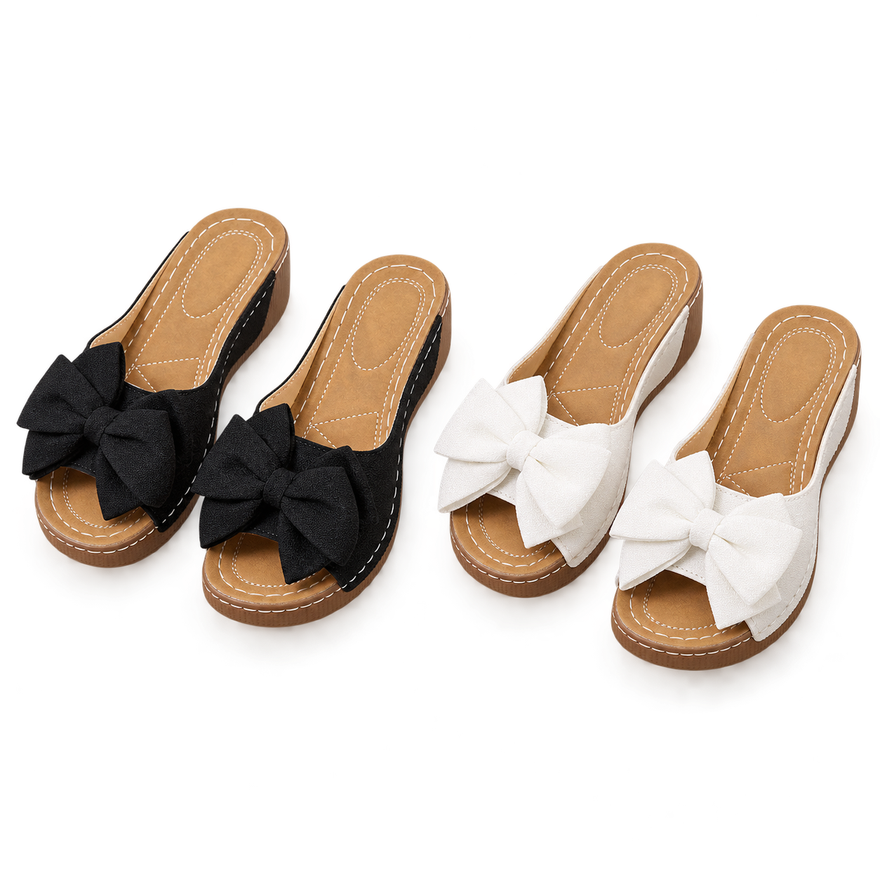 Two pairs of bow wedge sandals: Black + White