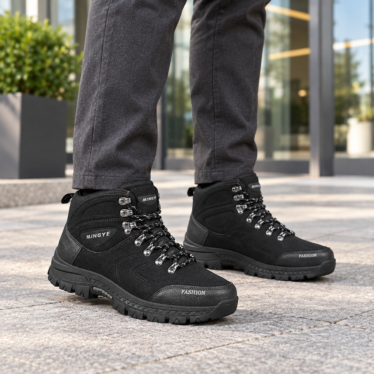 Man in charcoal trousers wearing black hiking boots outside an office entrance