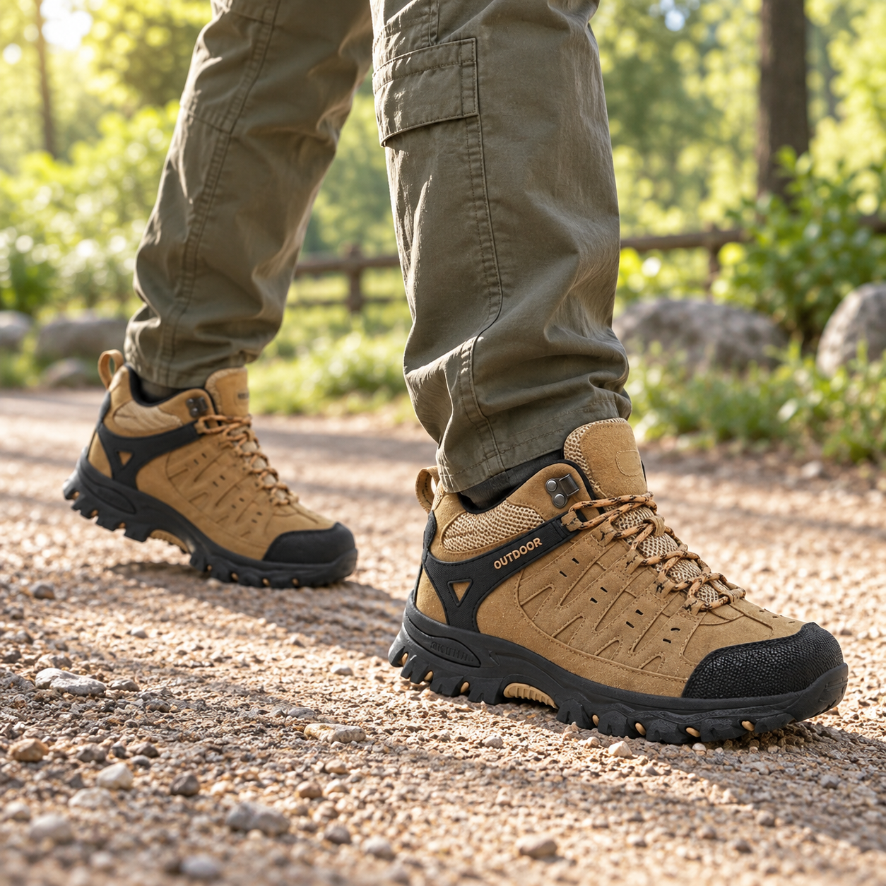 Brown outdoor shoes with olive cargo pants on a dry gravel park path