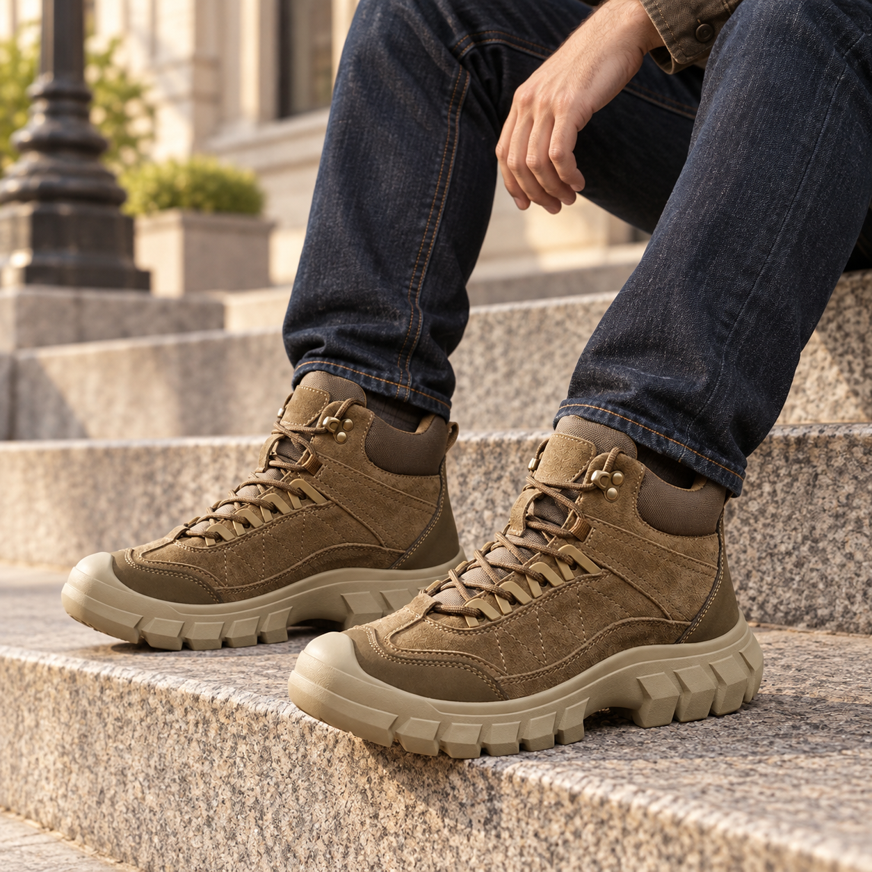 Khaki high-top boots styled with dark indigo jeans while seated on city steps.