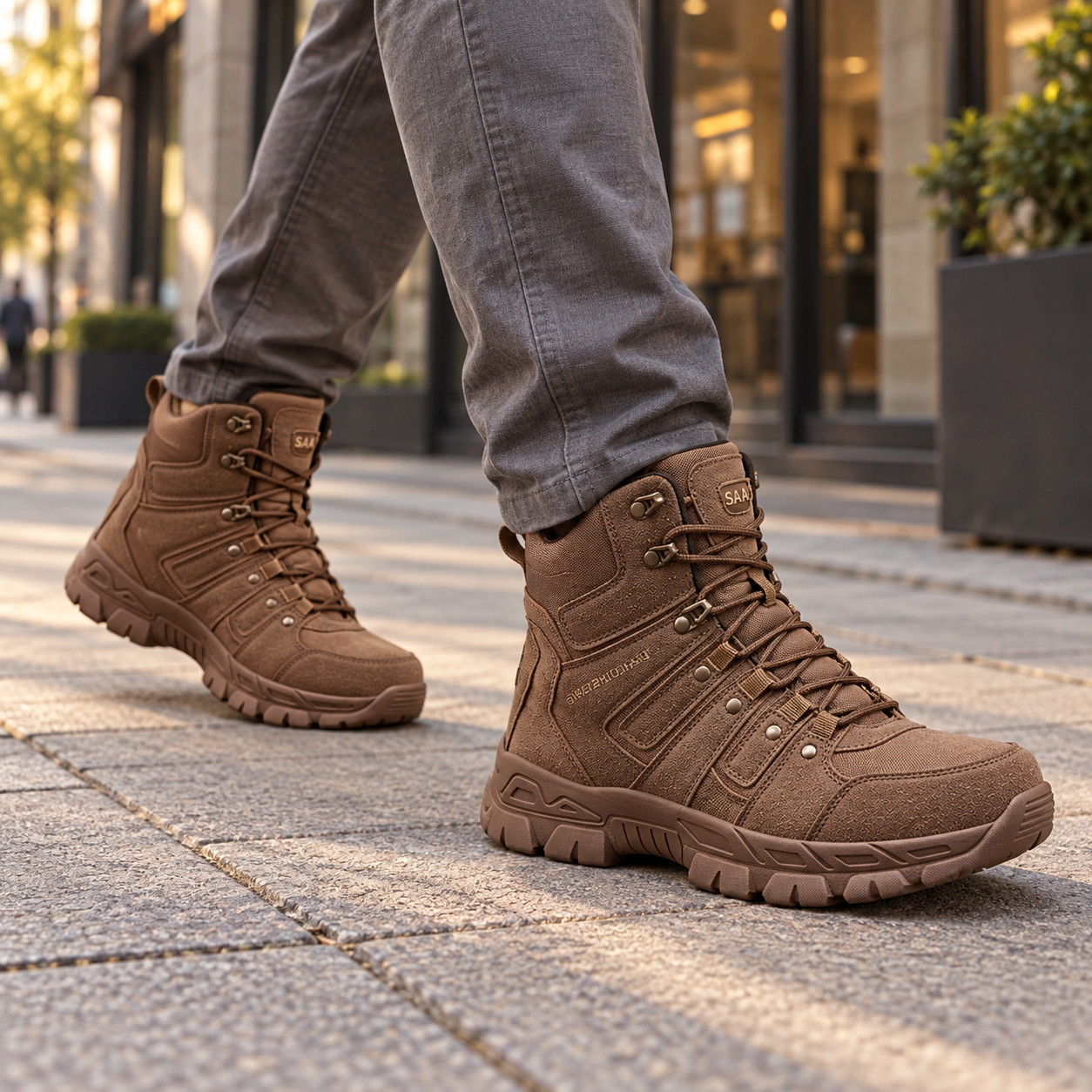 Brown tactical-style lace-up boots with gray trousers on a city sidewalk.