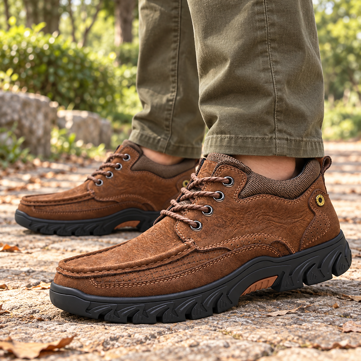 Brown moc-toe lace-up shoes with olive trousers on a dry park path