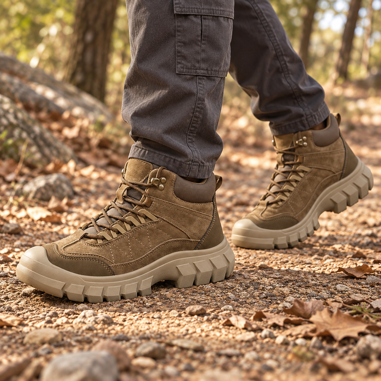 Khaki high-top boots with charcoal cargo pants on a dry woodland path.