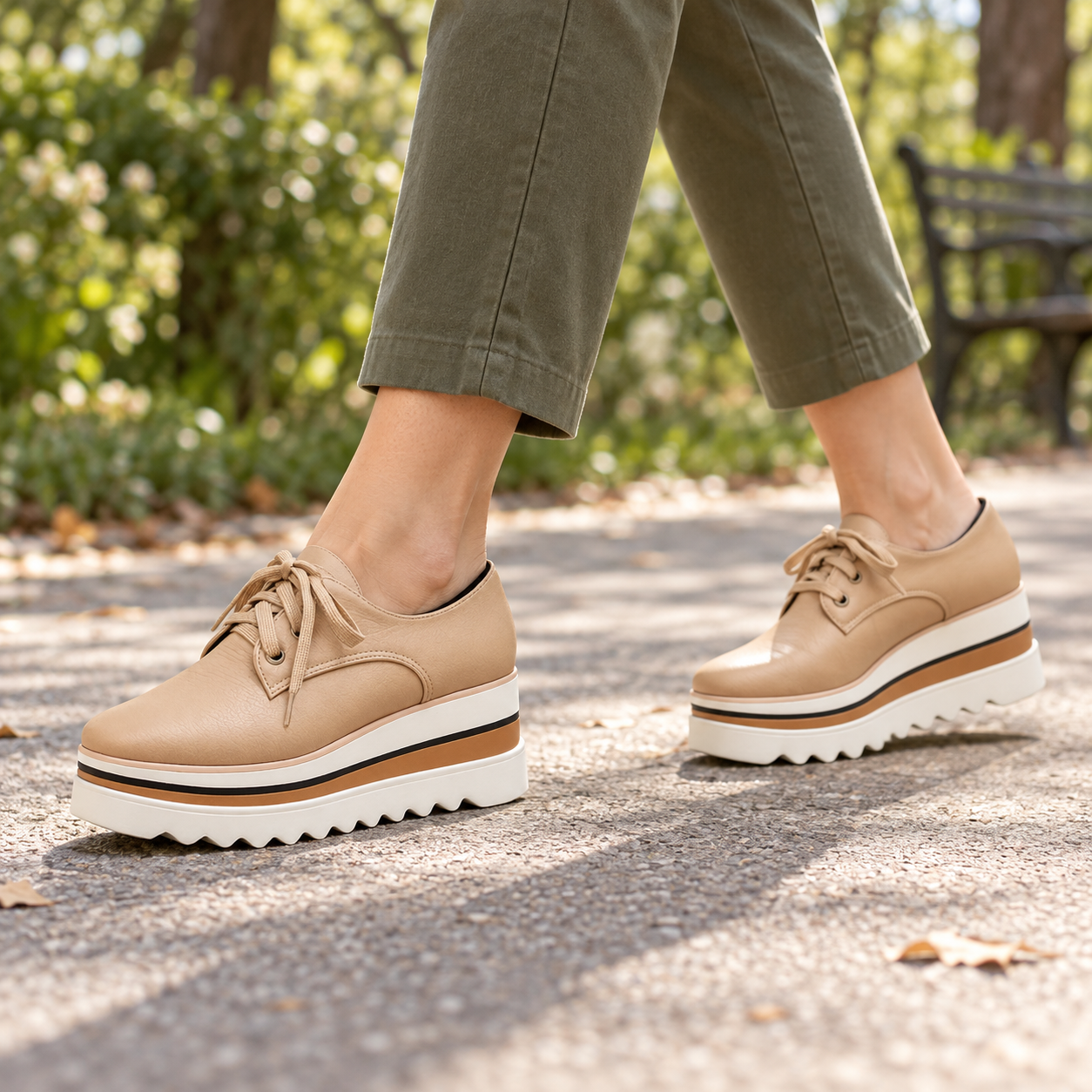 Woman wearing beige Sophia platform oxford shoes