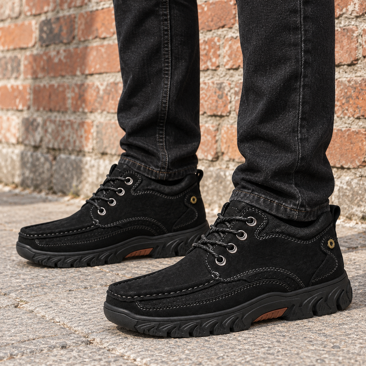 Man in black jeans wearing black moc-toe shoes beside a brick wall