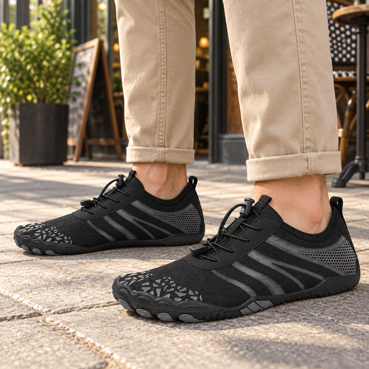 Model wearing black K11 barefoot-style mesh shoes