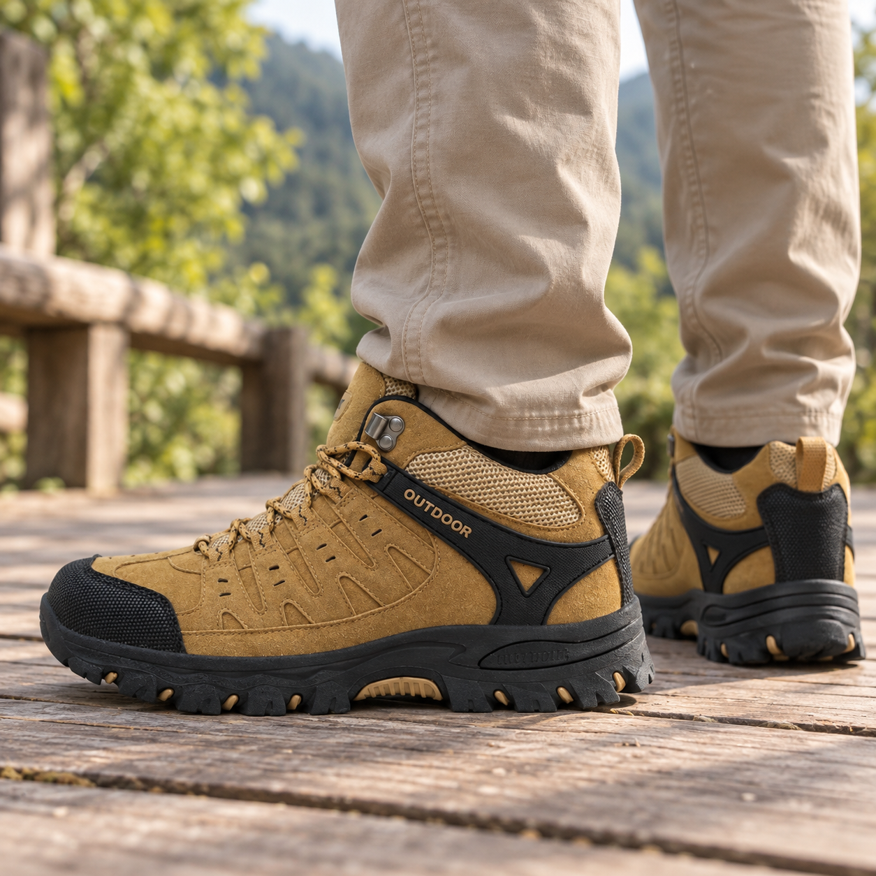 Man in beige trousers wearing brown hiking shoes on a wooden deck