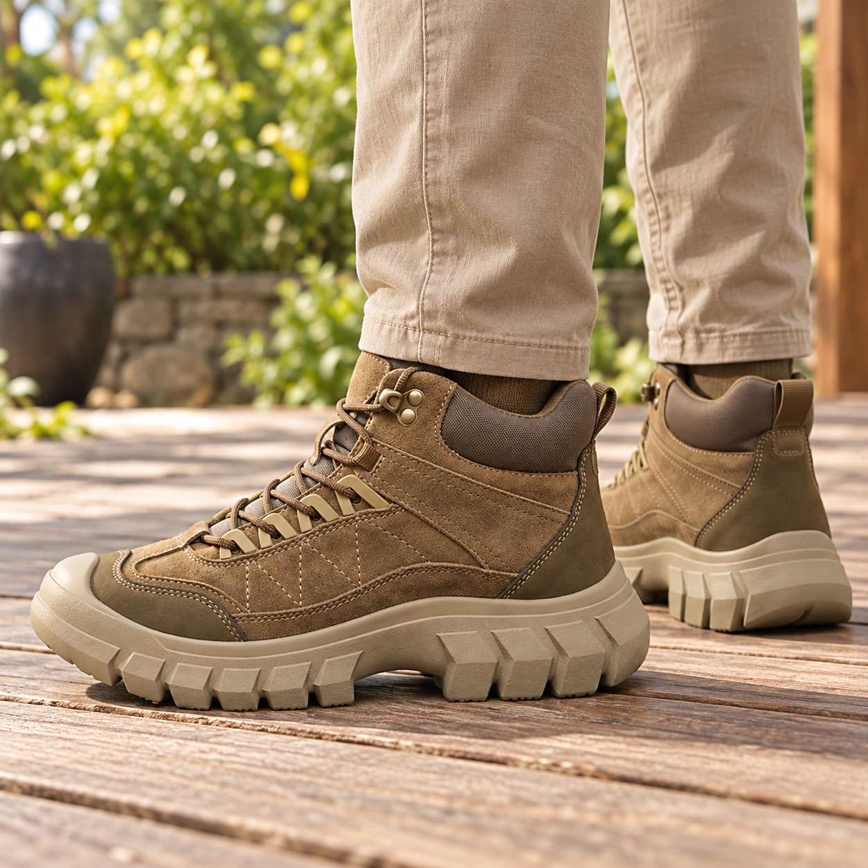 Man in beige trousers wearing khaki high-top boots on a wooden deck