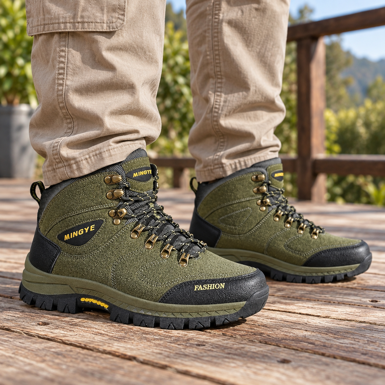 Olive green lace-up hiking boots with beige cargo trousers on a wooden terrace.