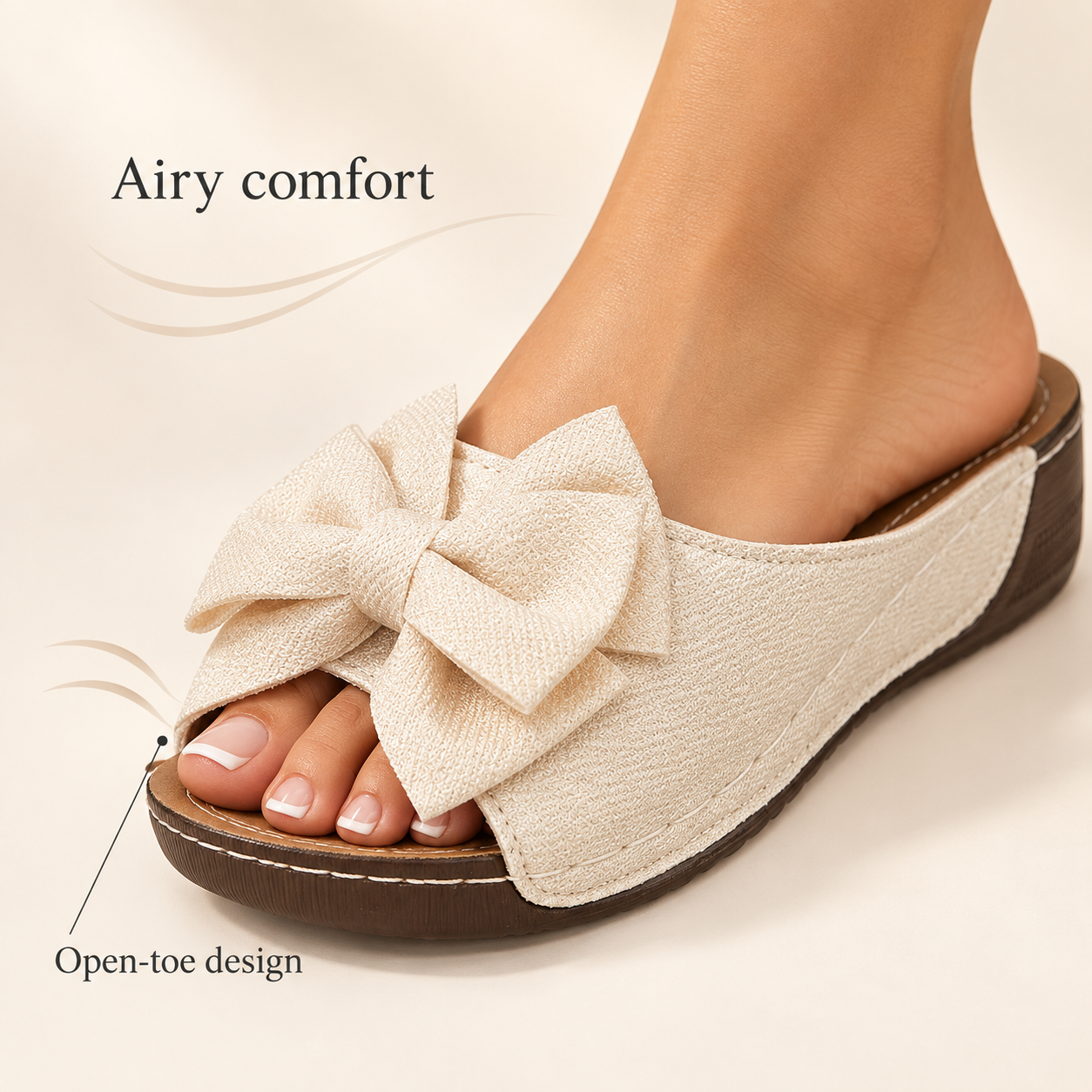 Cream bow slide sandal showing its open toe with subtle decorative airflow lines.