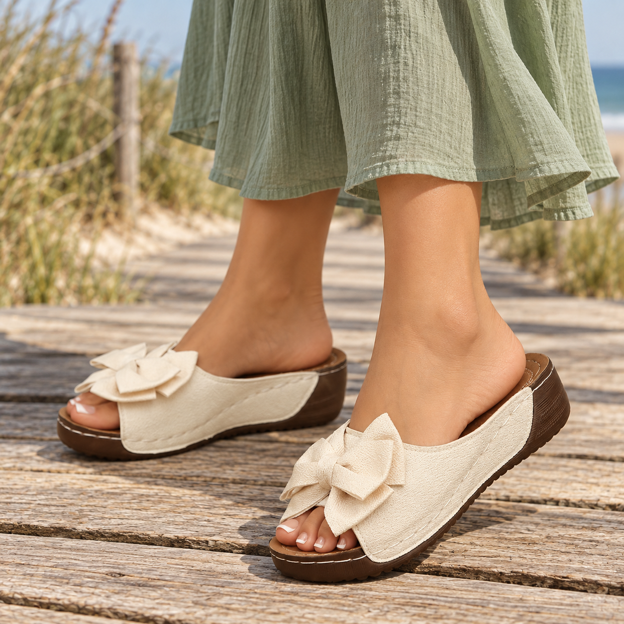 Off-white bow slides styled with a sage skirt on a boardwalk