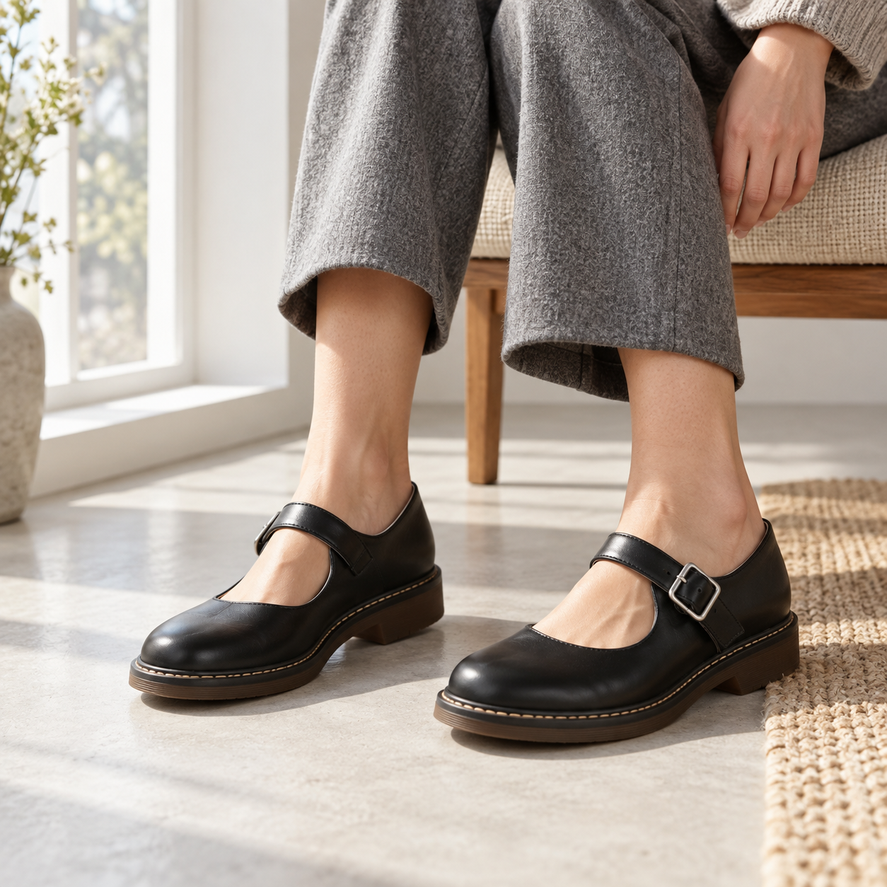Adult model wearing Nina black buckle-strap Mary Jane shoes