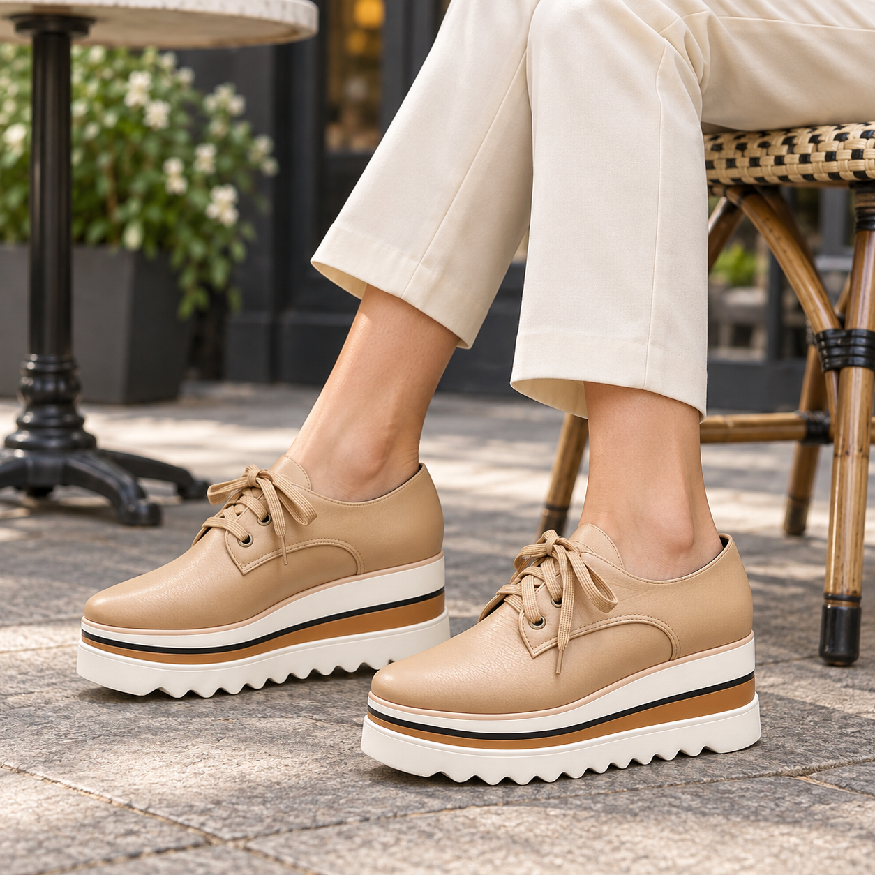 Woman wearing beige Sophia platform oxford shoes