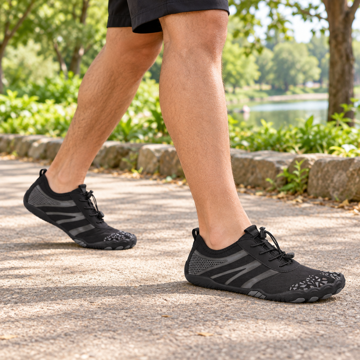 Model wearing black K11 barefoot-style mesh shoes
