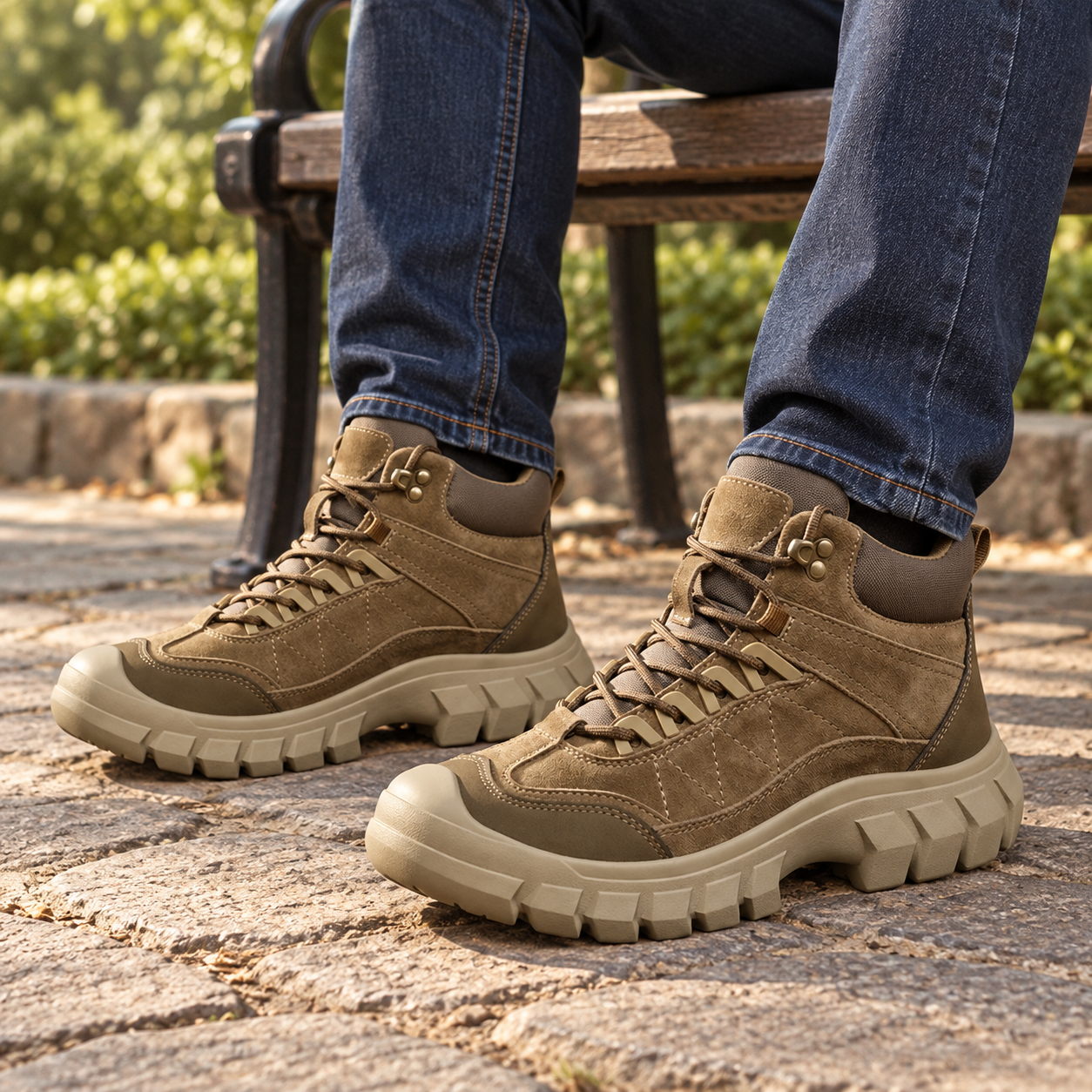 Seated man in dark blue jeans wearing khaki boots beside an outdoor bench