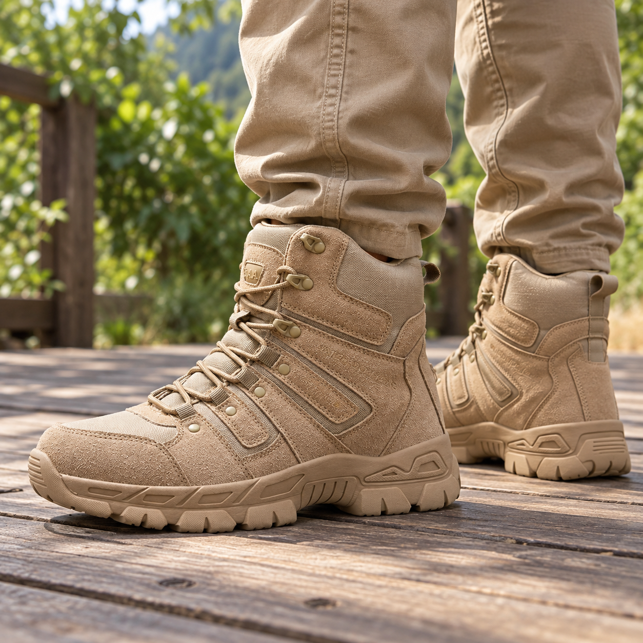 Man in beige trousers wearing khaki tactical-style boots on a wooden deck
