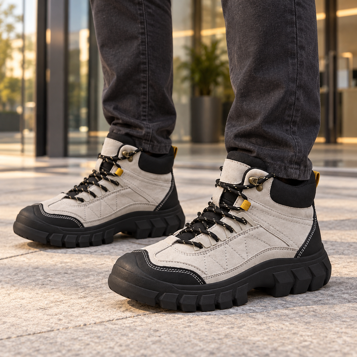 Black and gray high-top boots with dark casual trousers outside an office.