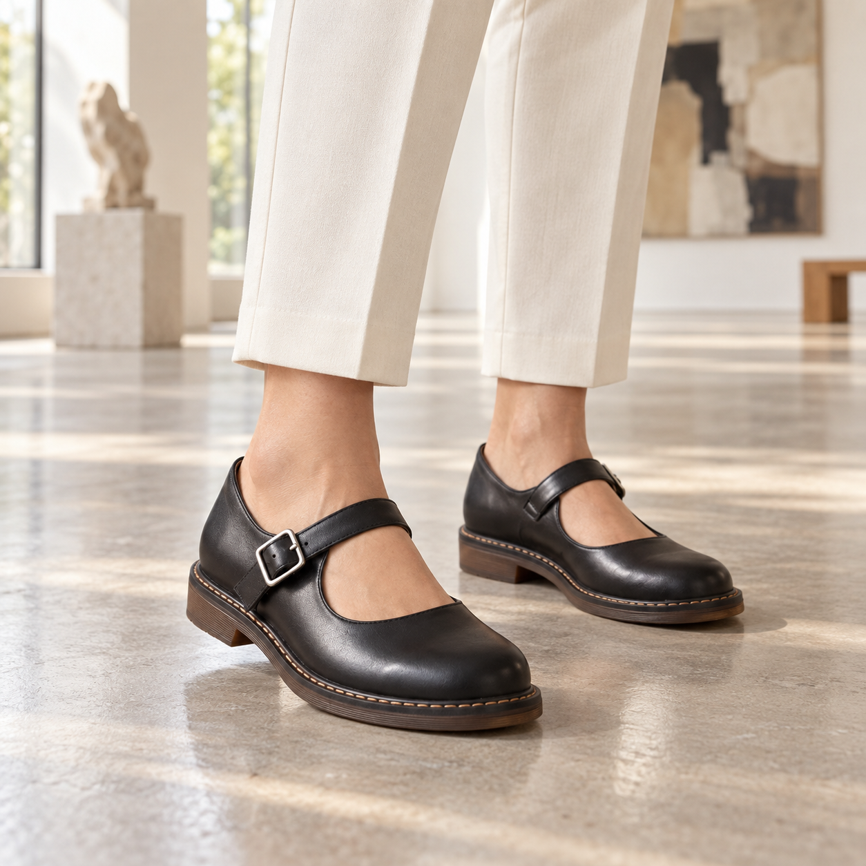 Adult model wearing Nina black buckle-strap Mary Jane shoes