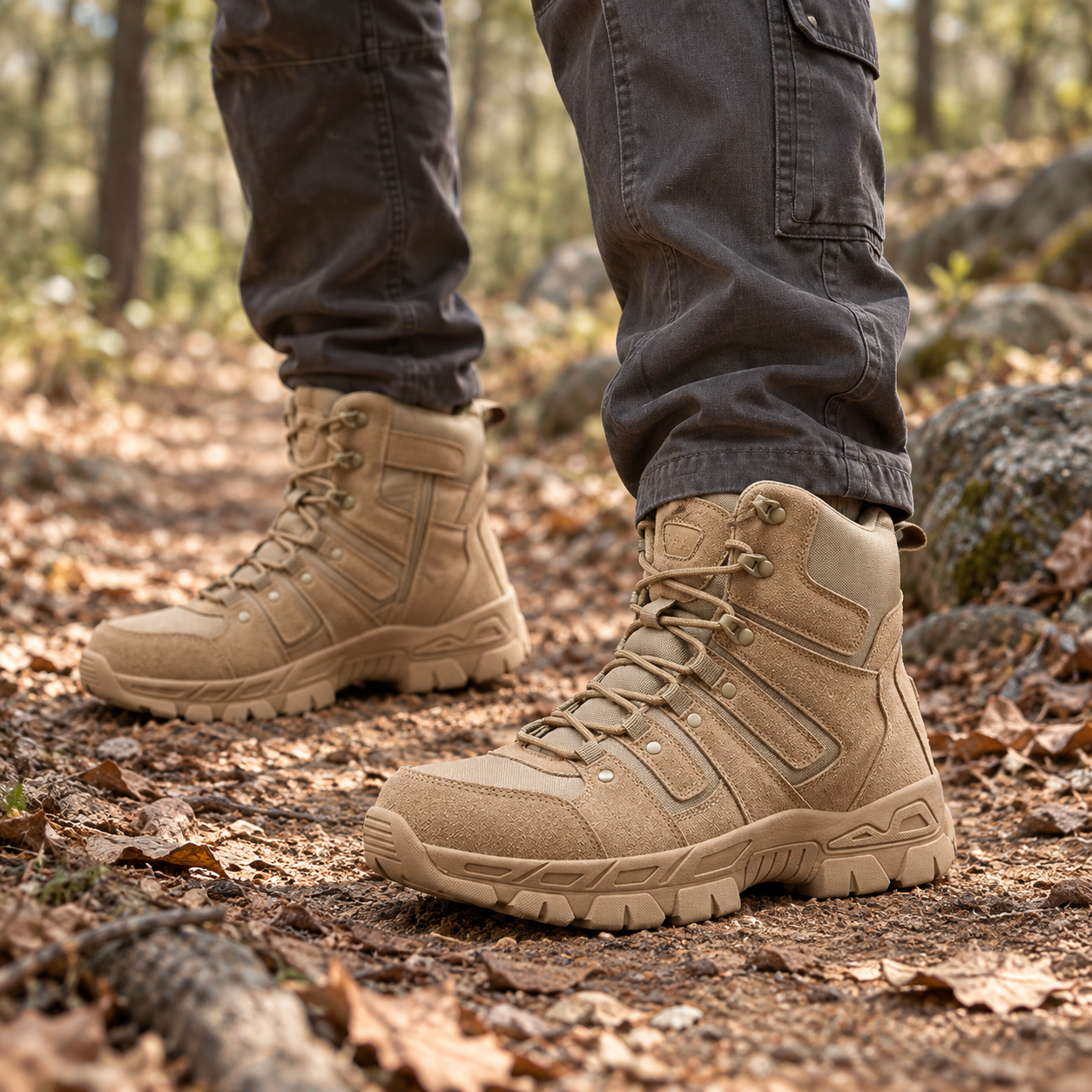 Khaki tactical-style boots with dark gray cargo trousers on a dry woodland trail.