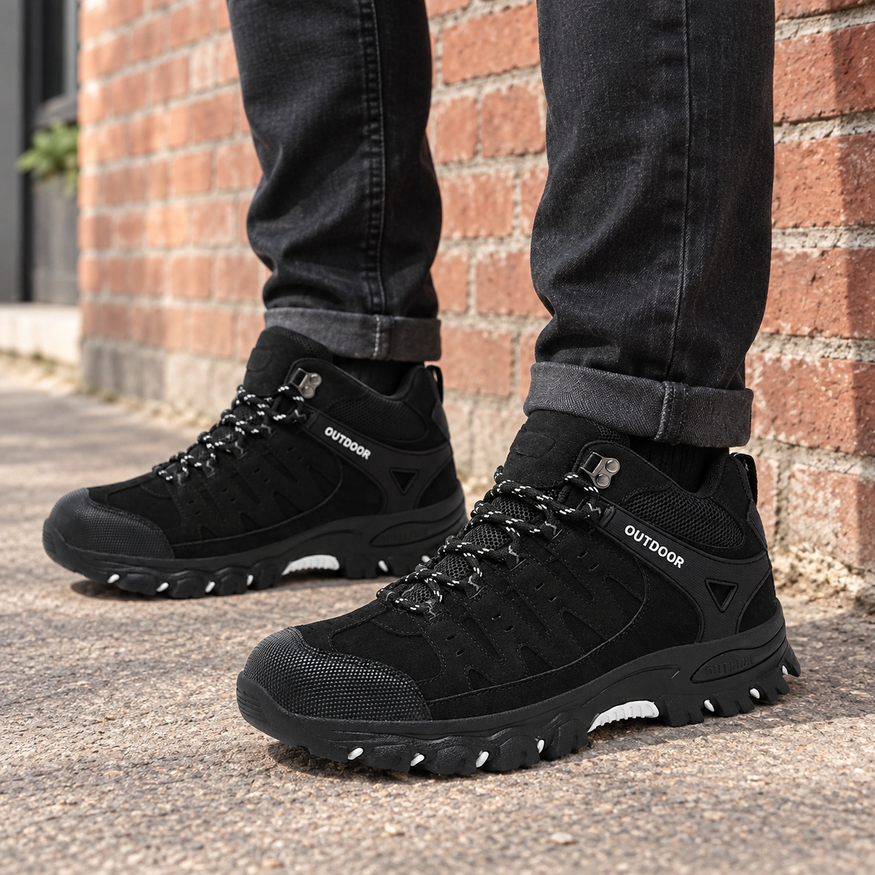 Man in black jeans wearing black lace-up hiking shoes beside a brick wall