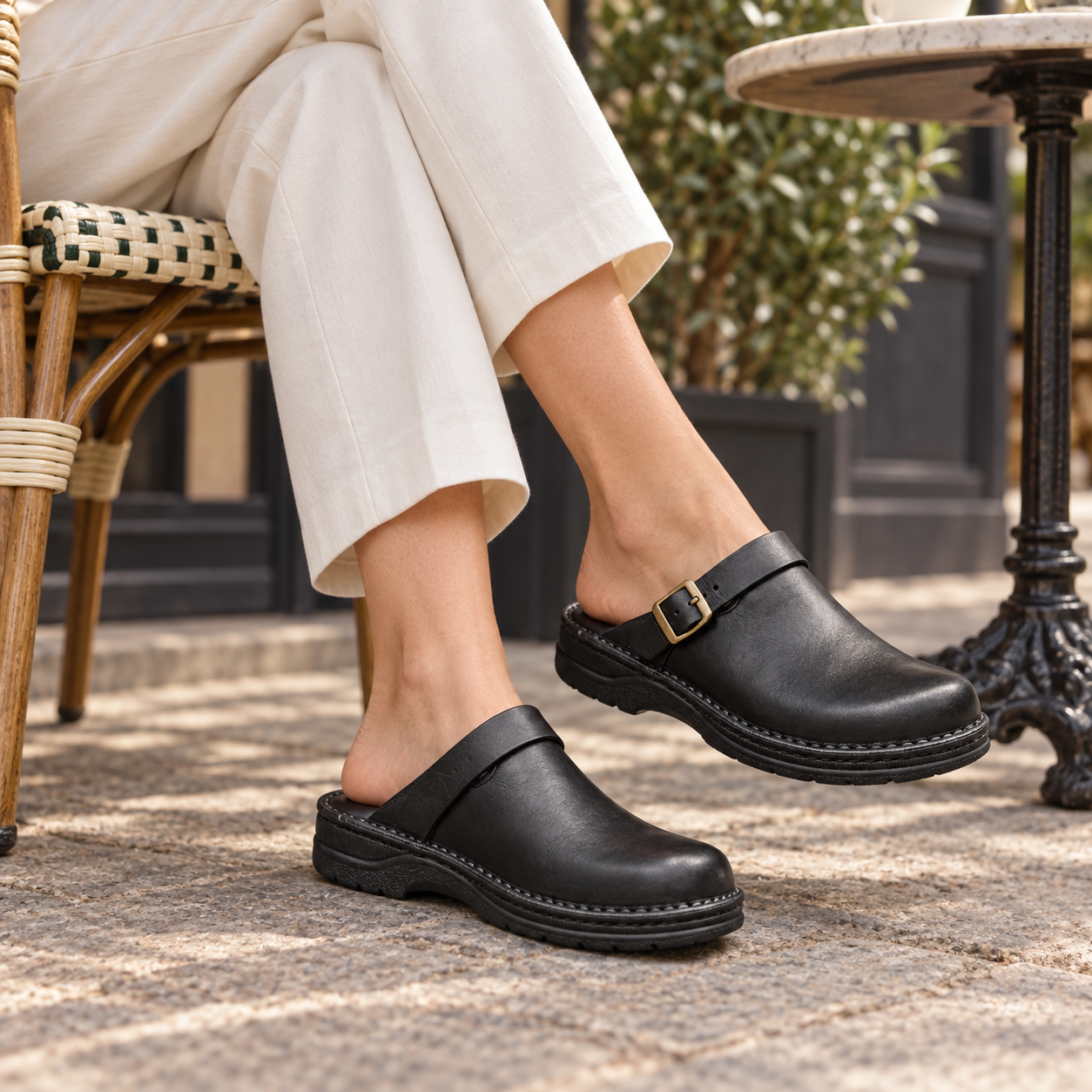 Adult model wearing Olivia black open-back buckle clogs