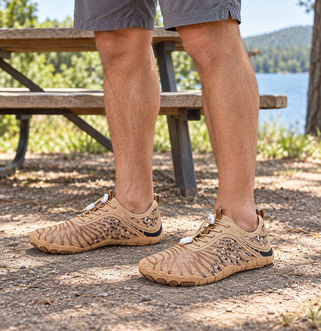 Model wearing tan mesh barefoot-style shoes