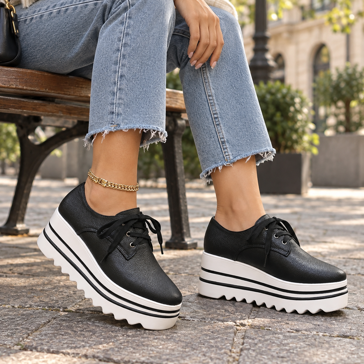 Model wearing Mia low-cut platform lace-up shoes