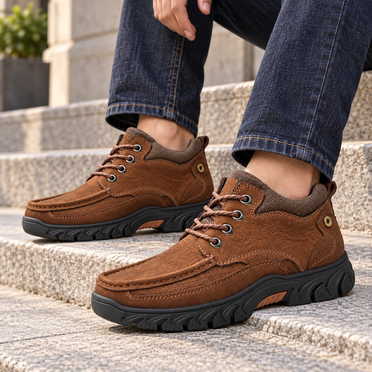 Brown moc-toe lace-up shoes with dark indigo jeans on city steps.