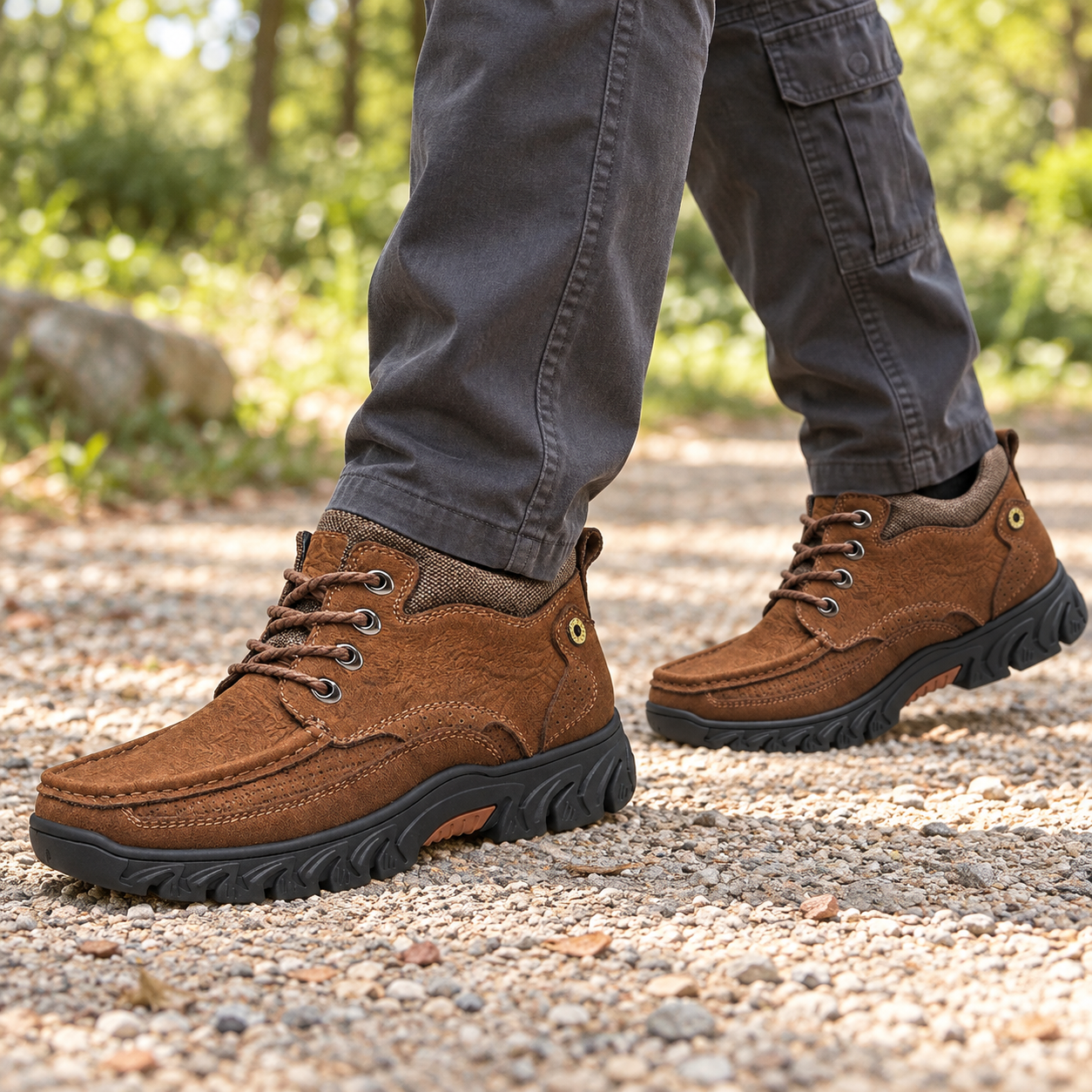 Brown moc-toe lace-up shoes with dark gray cargo trousers on a dry park path.