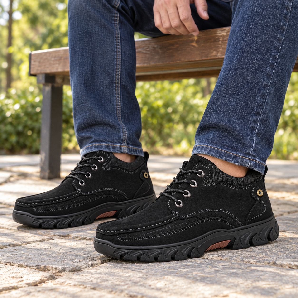 Man seated on an outdoor bench wearing black moc-toe shoes with dark blue jeans