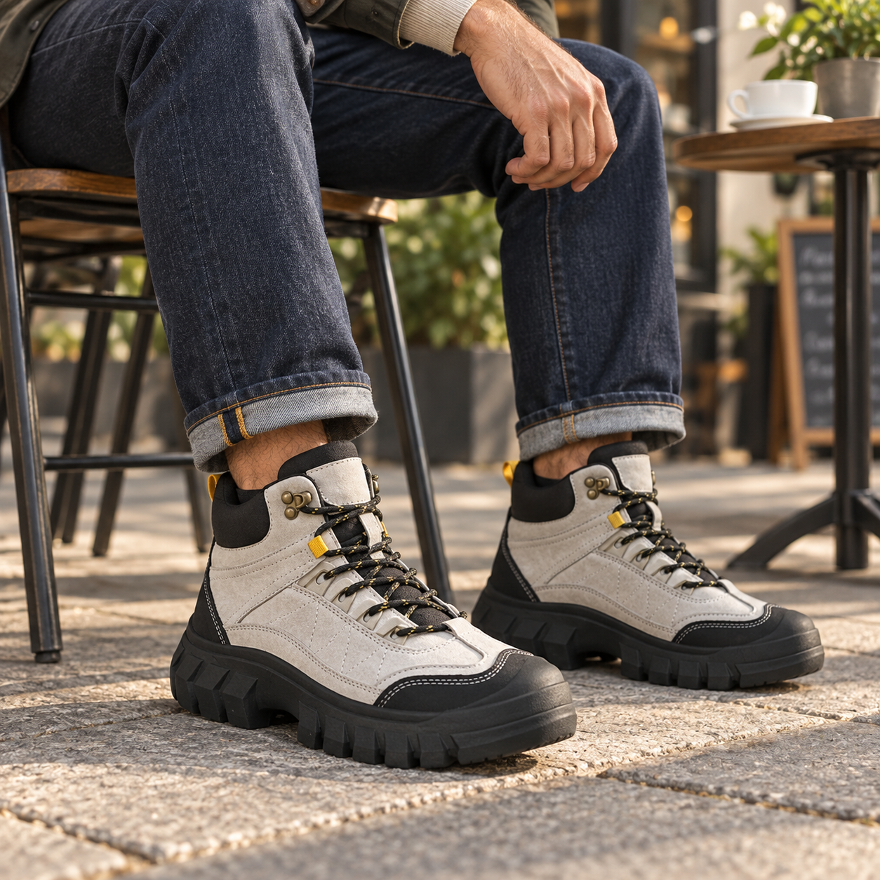 Man wearing gray and black high-top boots with dark denim at a cafe
