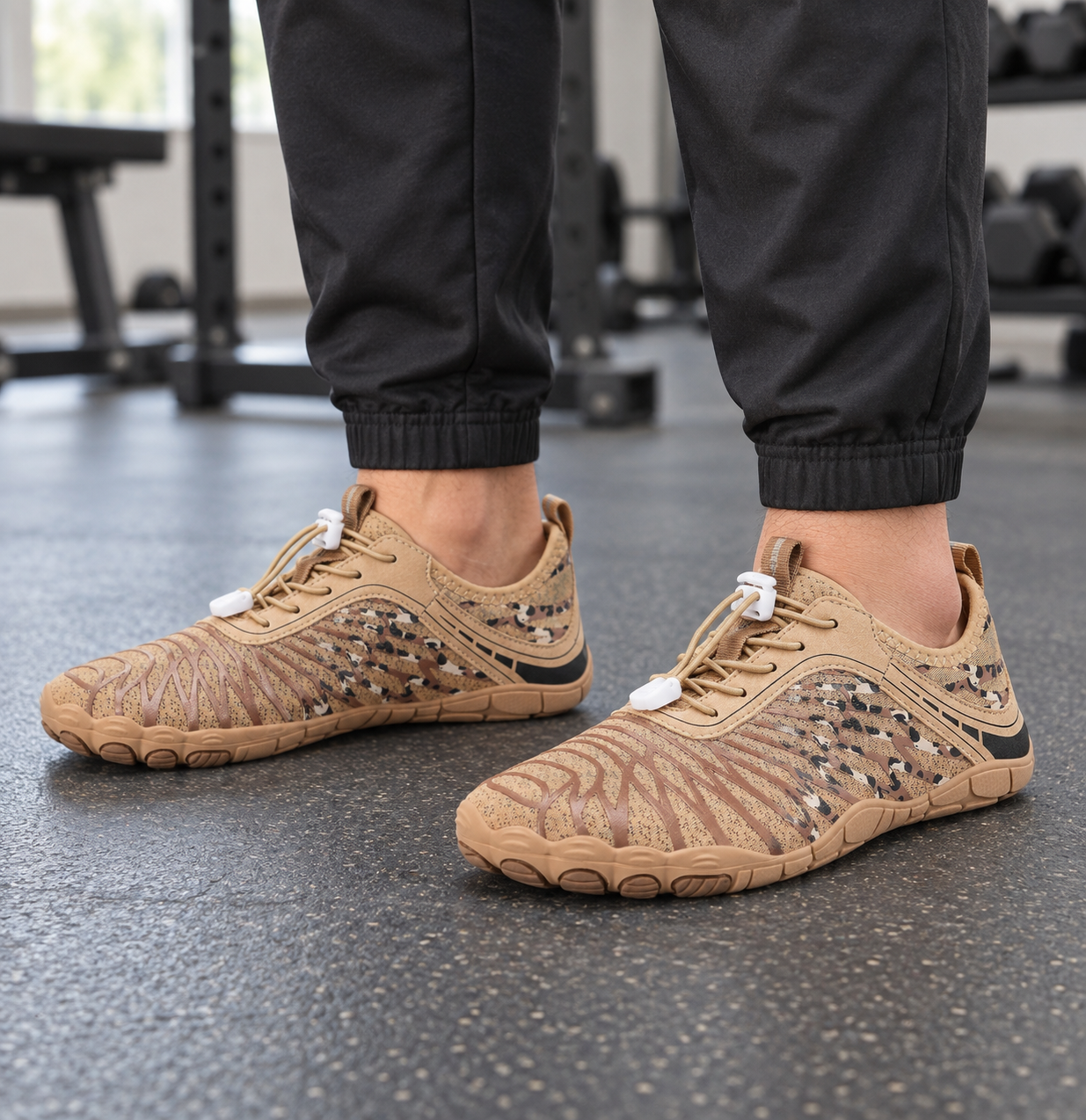 Model wearing tan mesh barefoot-style shoes