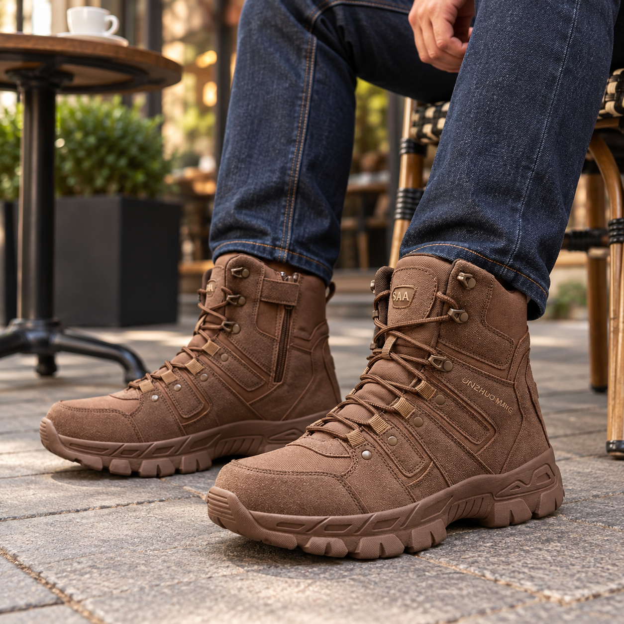 Brown tactical-style lace-up boots with dark jeans at an outdoor cafe