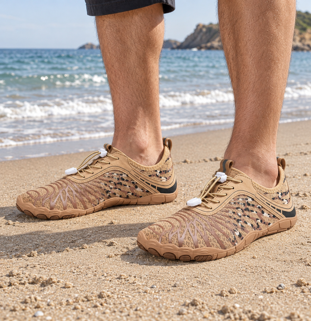 Model wearing tan mesh barefoot-style shoes