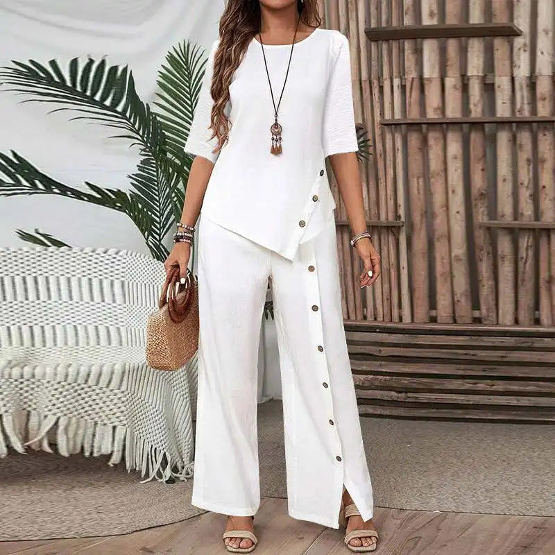 ⏳Zeitlich begrenztes Angebot⏰Zweiteiliges Set mit Oberteil mit unregelmäßigem Saum und Hose mit weitem Bein