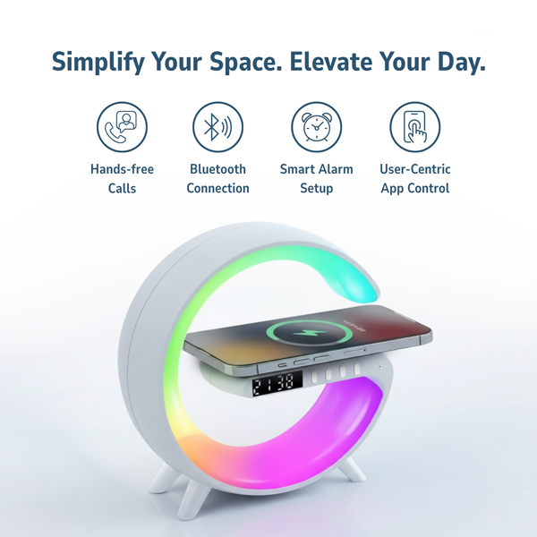 WaveLoop smart speaker charging a phone with front control buttons