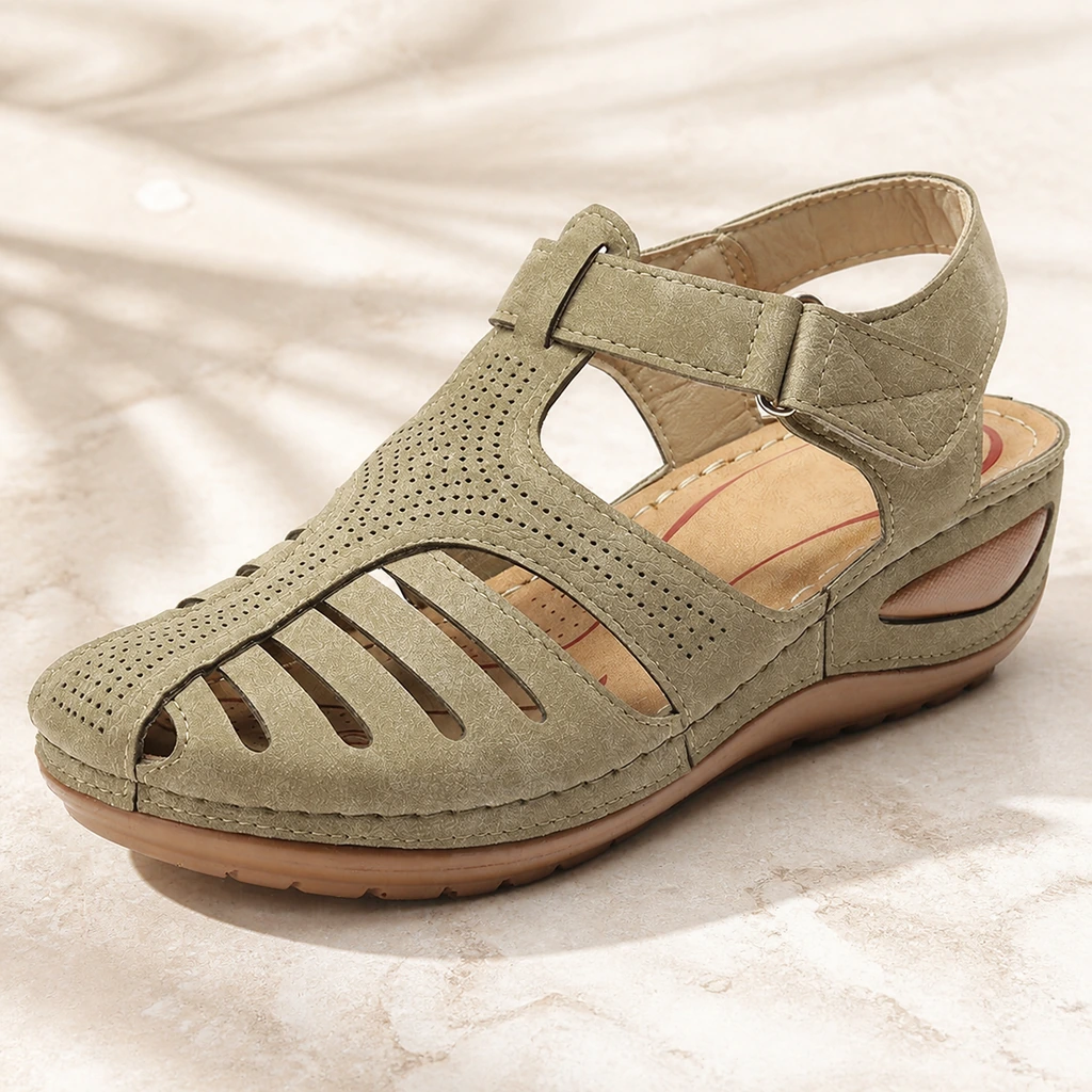Khaki hollow-out fisherman wedge sandal showing the breathable cutout upper