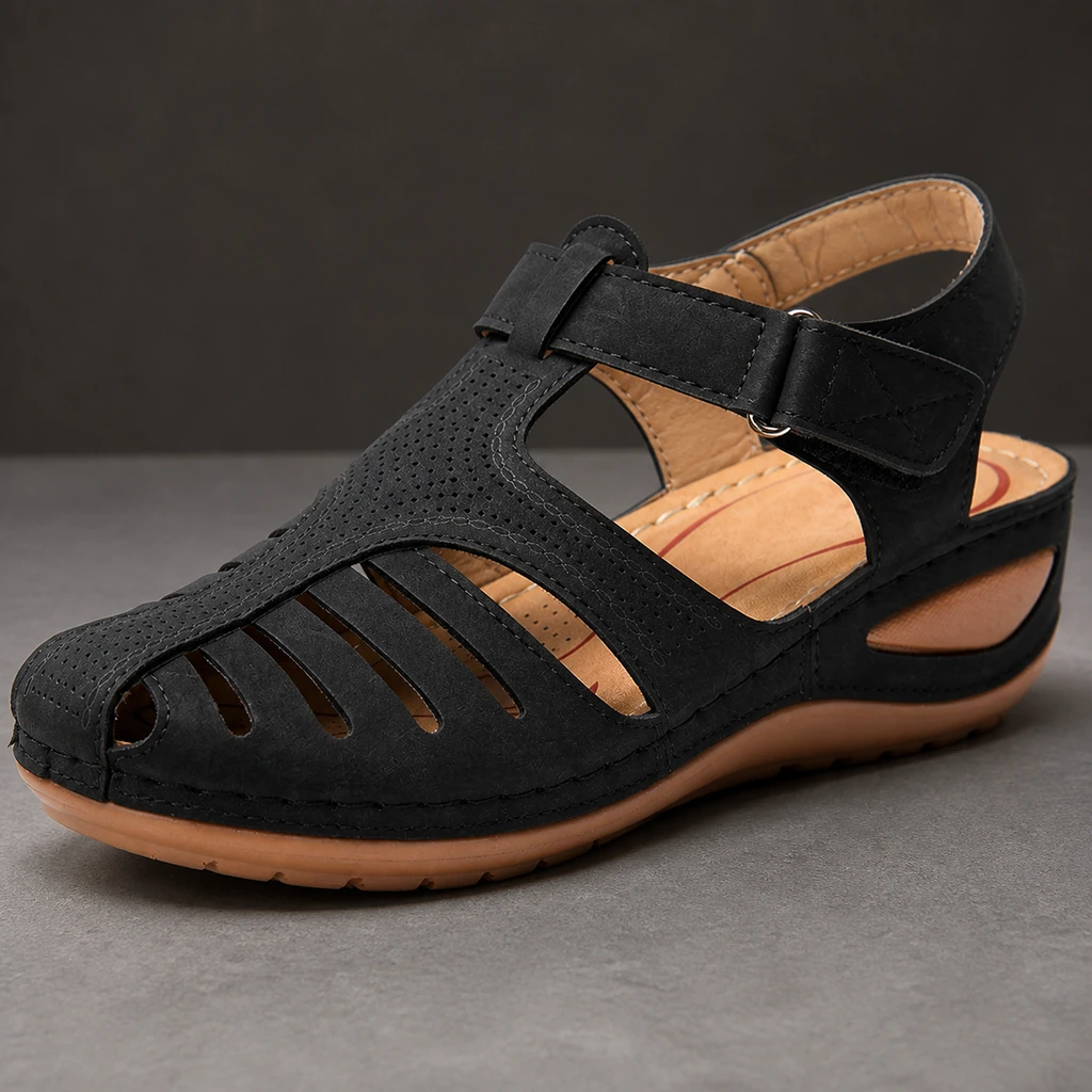 Black fisherman sandal side view showing the low wedge and thick sole