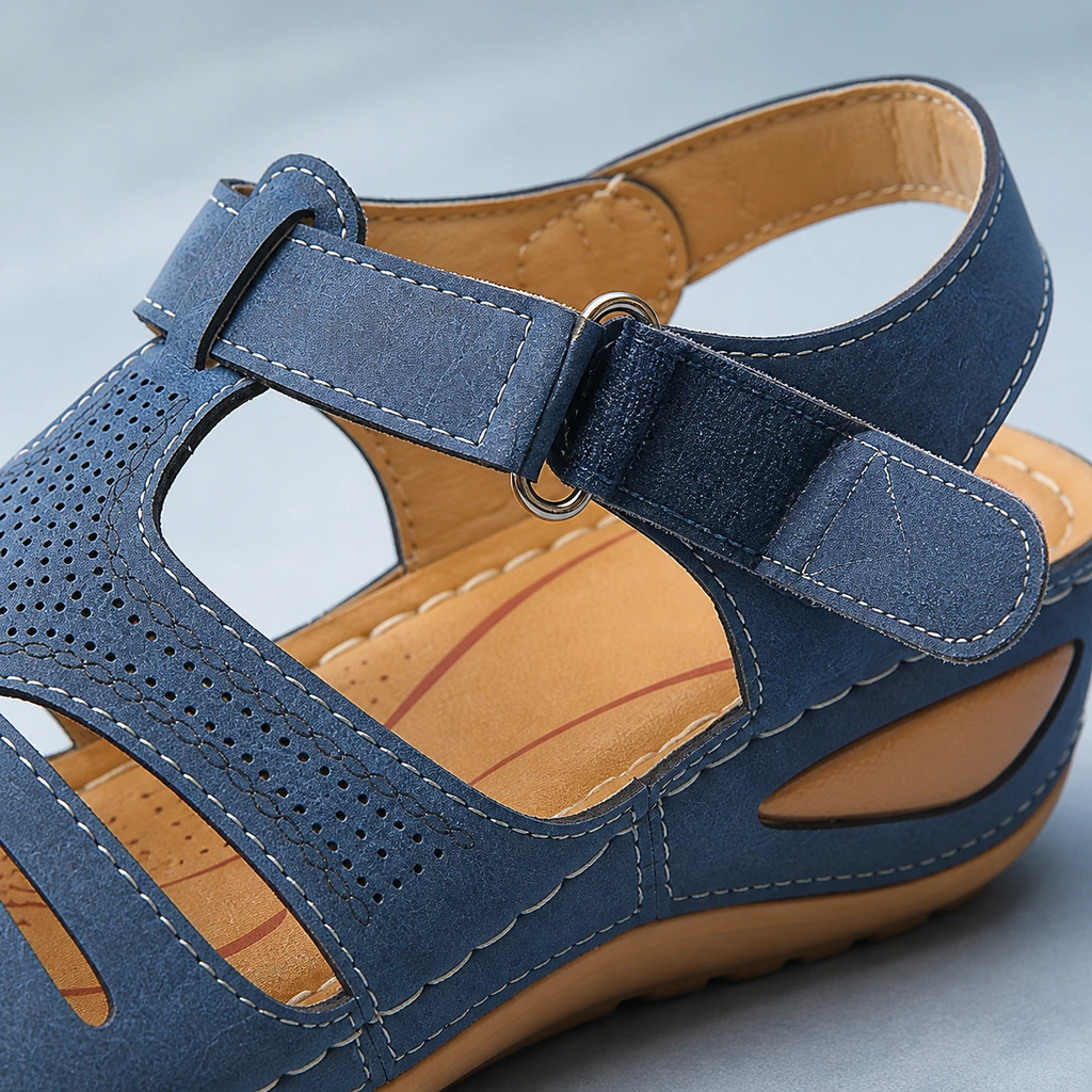Close view of the adjustable ankle strap on the blue wedge sandal