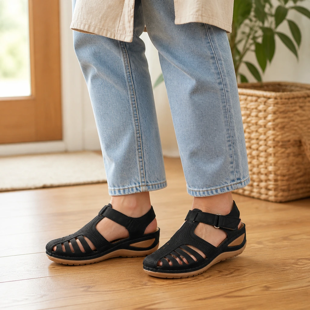 Black hollow-out wedge sandals styled with cropped jeans