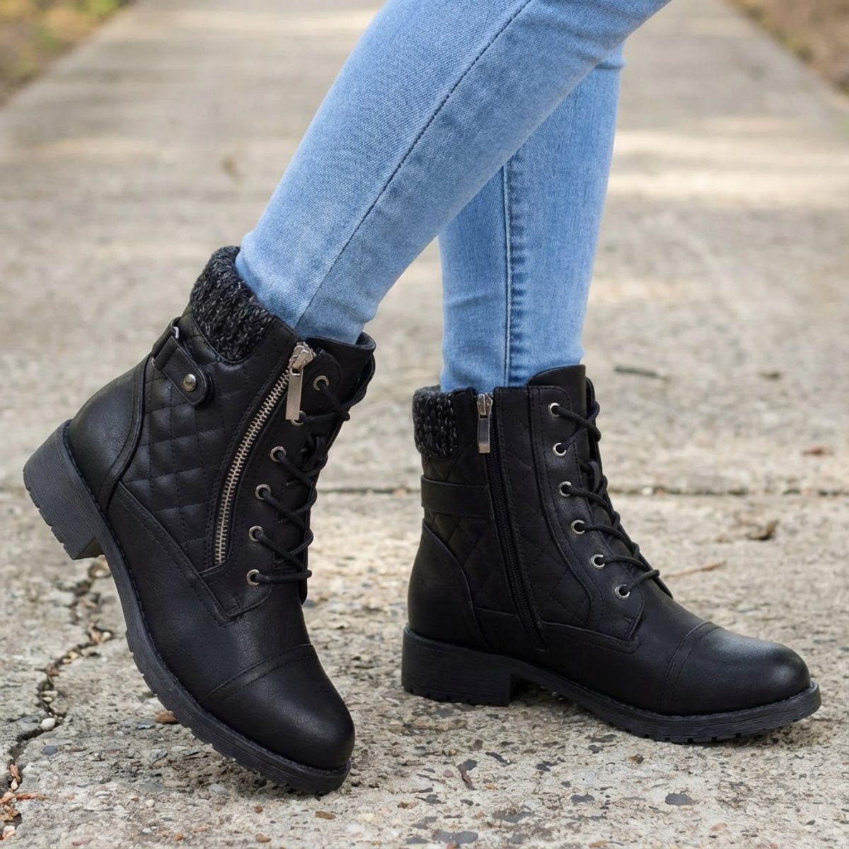 Model wearing Aria quilted lace-up ankle boots with jeans