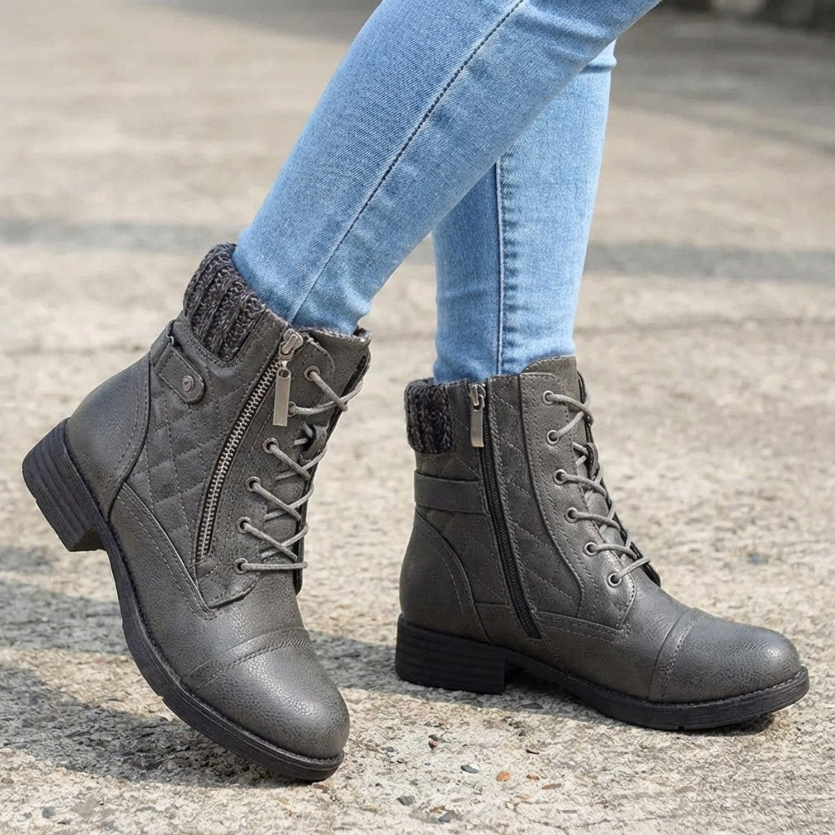 Model wearing Aria quilted lace-up ankle boots with jeans